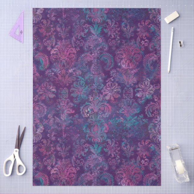 Papier Mousseline Grunge Damask Violet Pourpre Turquoise Rose Chaud (Artisanat)