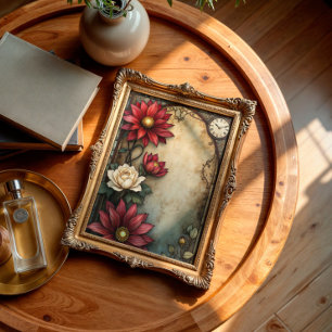 Papier Mousseline Grunge Vintage Floral Vitre Rouge et Crème