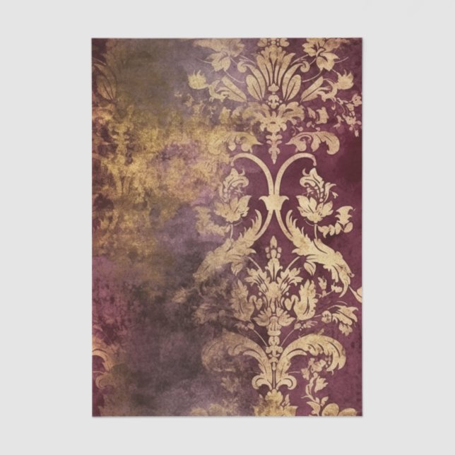 Papier Mousseline Grungy Burgundy Wine and Gold Damask Pattern (Recto)