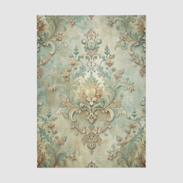 Papier Mousseline Grungy Damask Pattern in Shades of Teal & Beige (Recto)