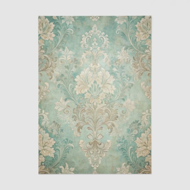 Papier Mousseline Grungy Damask Pattern in Shades of Teal Blues (Recto)