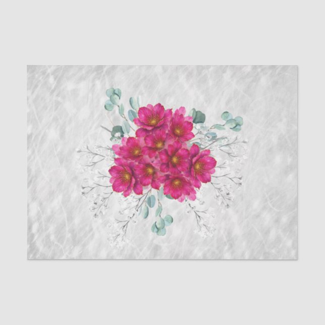 Papier Mousseline  Gypsophile, Eucalyptus & Pensées Rose Foncé  (Recto)