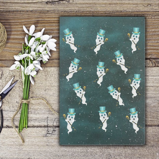Papier Mousseline Habille Fantômes Flottant dans le ciel de nuit Top (Halloween ghosts in blue top hats with fancy skull canes floating in blue night sky on tissue paper.)