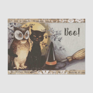 Papier Mousseline Halloween Chat Noir et Hibou Rétro