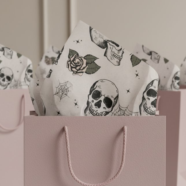 Papier Mousseline Halloween éffrayante florale d'ivoire petit crâne (Ivory Gothic Halloween Vintage Floral Skull Tissue Paper. Flowers & Skull Skeleton Pattern For Her)