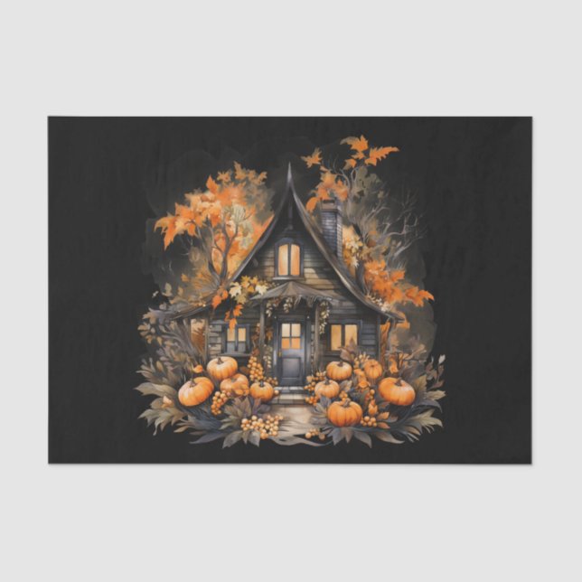 Papier Mousseline Halloween Maison hantée avec Citrouilles & Foliage (Recto)
