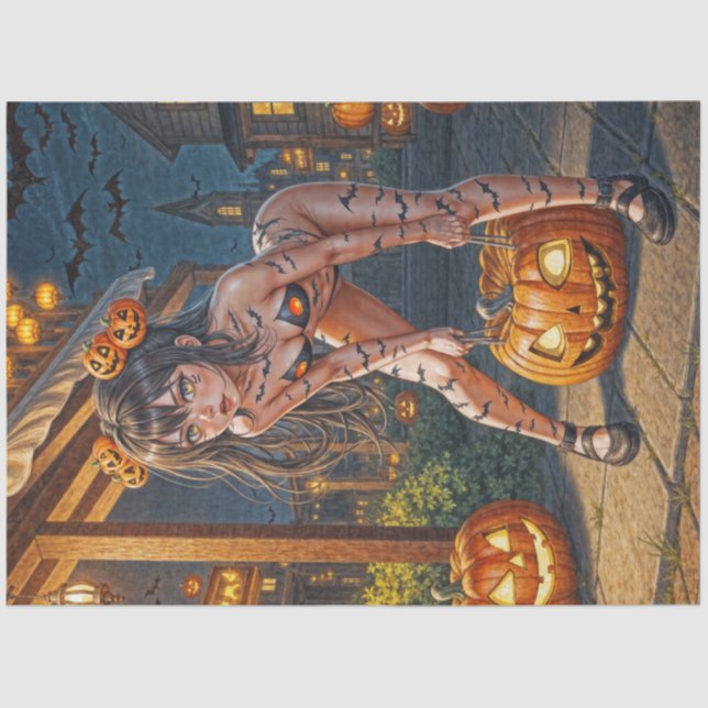 Papier Mousseline Halloween Monster Jack-o-Lantern & Bat Vixen Girl (Recto)