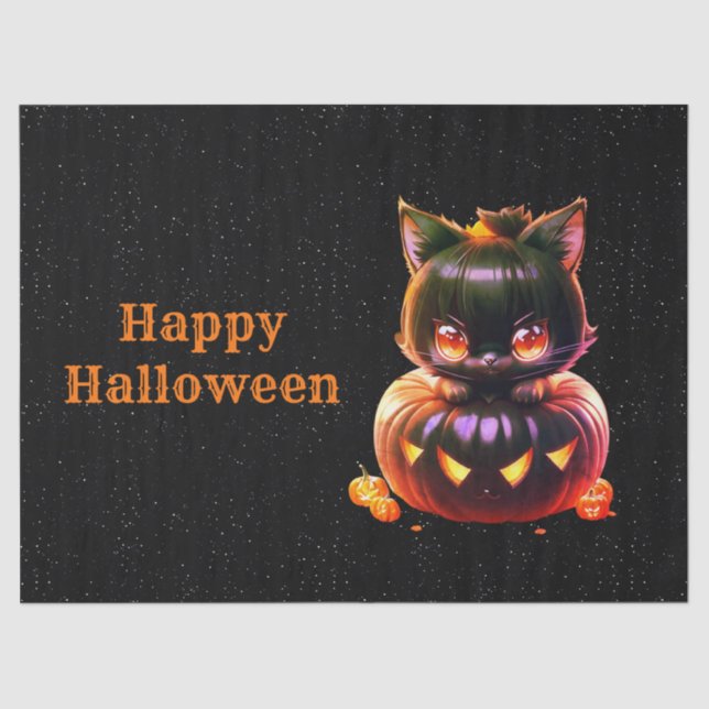 Papier Mousseline Halloween Party Chat noir Citrouille Horreur (Recto)