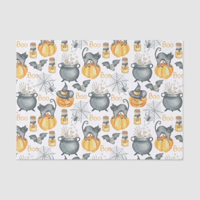 Papier Mousseline Halloween Whimsical Cauldron et Motif de chats (Recto)