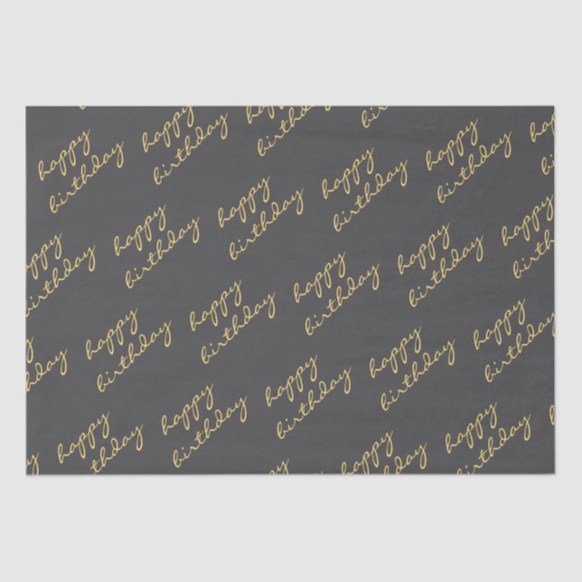 Papier Mousseline Happy Birthday Dark Grey Gold Script  (Recto)