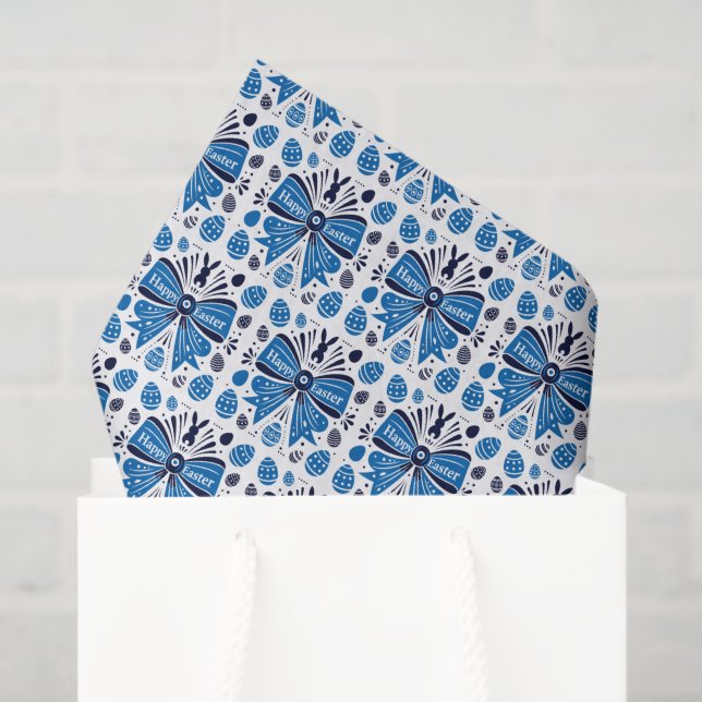 Papier Mousseline Happy Easter Blue Bow Folk Art Bunny & Eggs Spring (Sac cadeau)