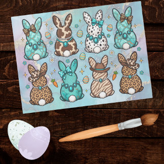 Papier Mousseline Happy Easter Cowgirl Leopard Print Teal Bunnies  