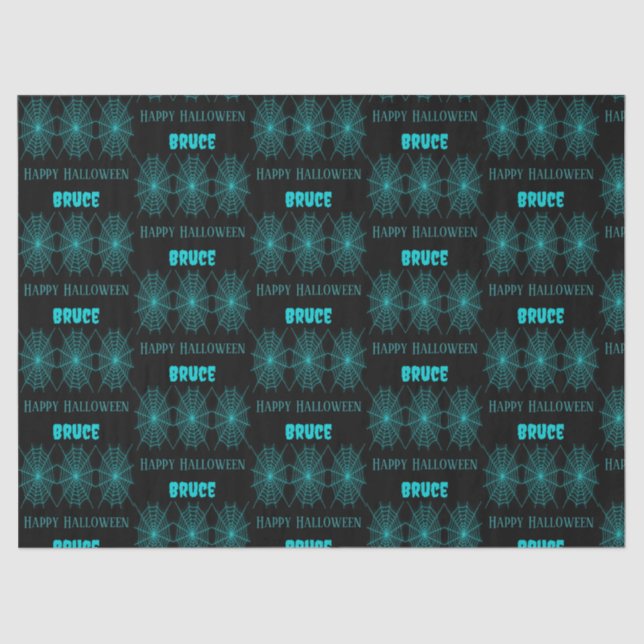 Papier Mousseline Happy Halloween neon bleu spiderweb noir (Recto)