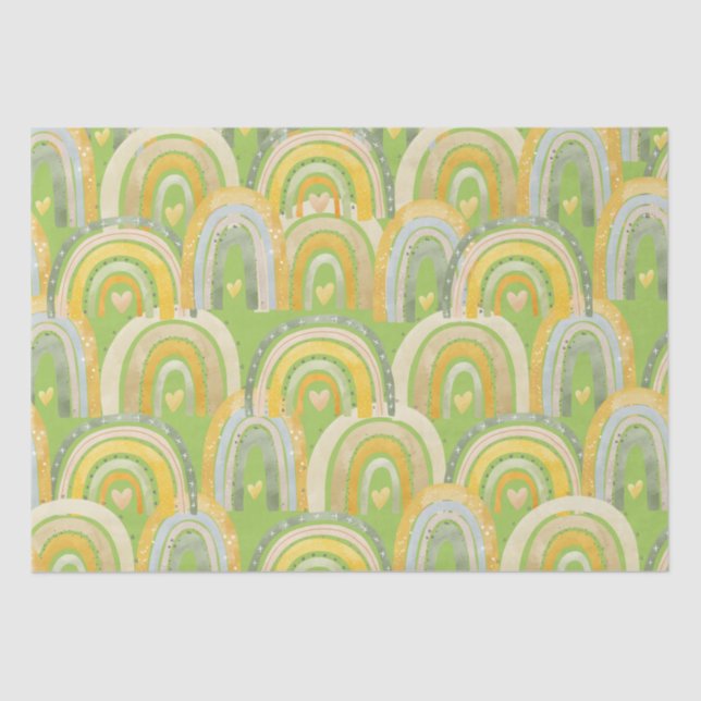 Papier Mousseline Happy Rainbows Coeurs Jaune Vert Tissu Papier (Recto)