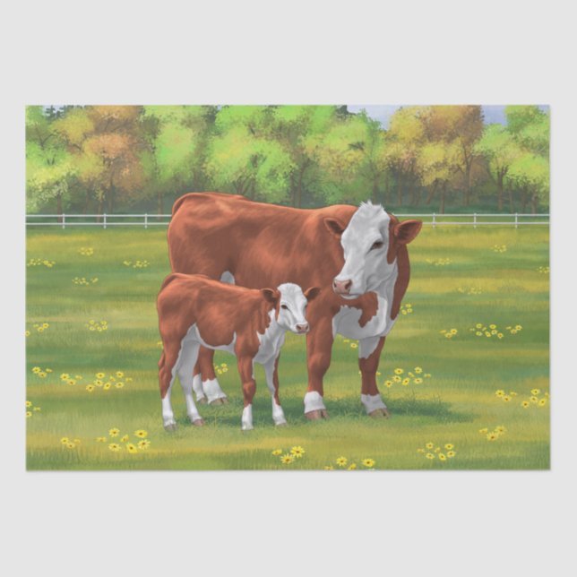 Papier Mousseline Hereford Cow & Cute Calf dans les pâturages d'été (Recto)