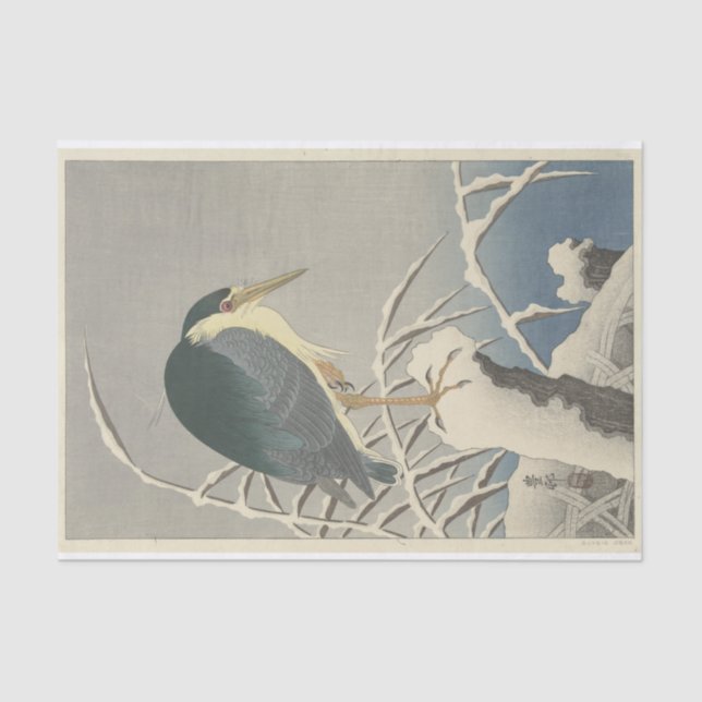 Papier Mousseline Heron en neige par Ohara Koson (Recto)