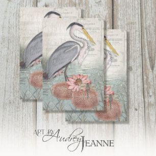 Papier Mousseline Heron gris Eau Lily Étang Découpage Vintage Art