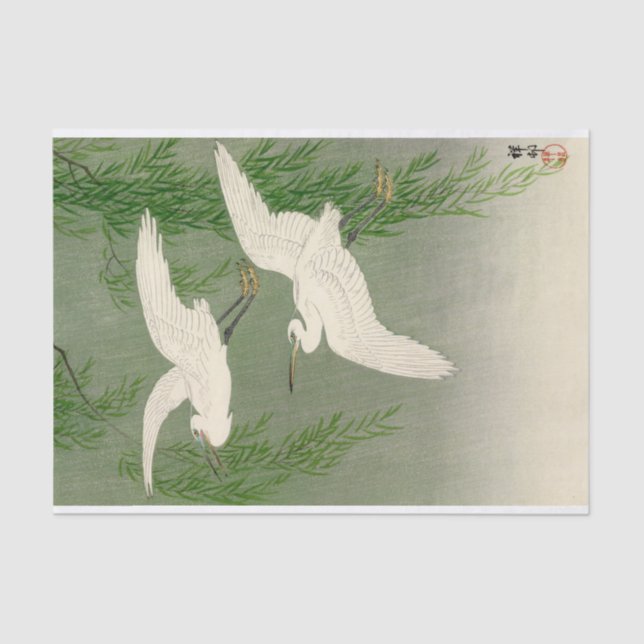 Papier Mousseline Hérons blancs et saules en pluie par Ohara Koson (Recto)