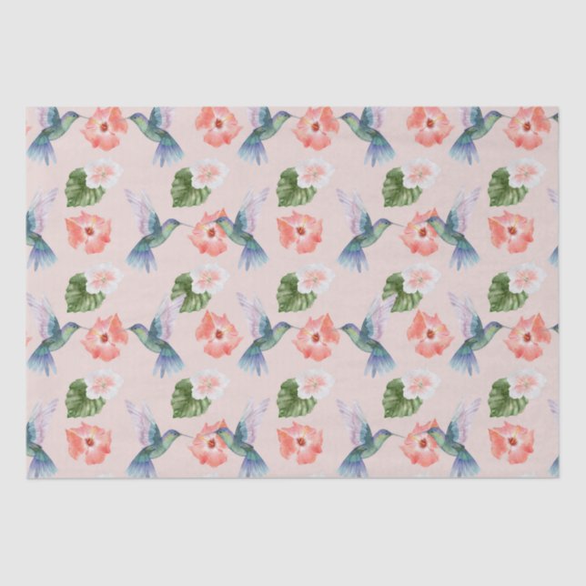 Papier Mousseline Hibiscus bleu vert et rose et colibris (Recto)