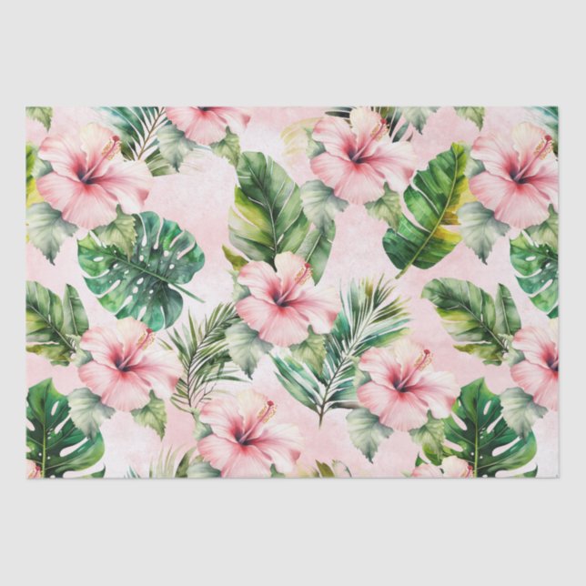 Papier Mousseline Hibiscus rose Feuille tropical (Recto)