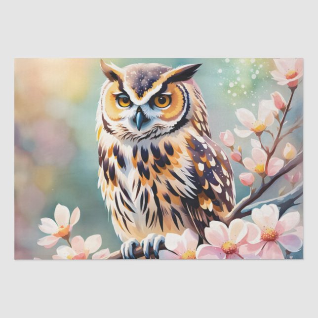 Papier Mousseline Hibou sur des fleurs de pommier (Recto)