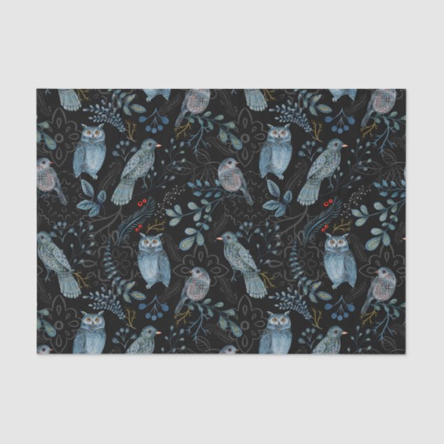 Papier Mousseline Hibouc bleu nordique Aquarelle florale (Recto)