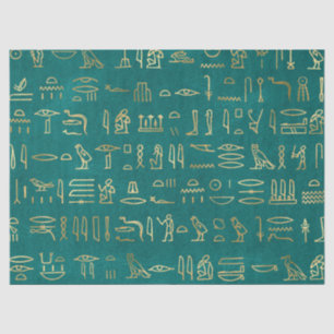 Papier Mousseline Hiéroglyphes égyptiens d'or métallique sur vert