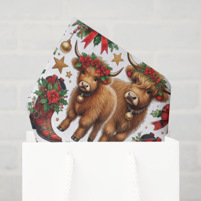 Papier Mousseline Highland Cow Christmas Wrapping Paper (Sac cadeau)