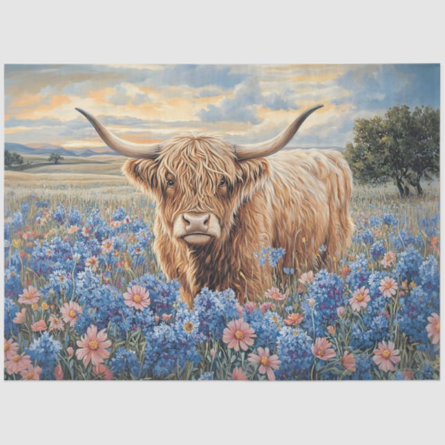 Papier Mousseline Highland Cow rose et bleu Fleurs sauvages découpag (Recto)