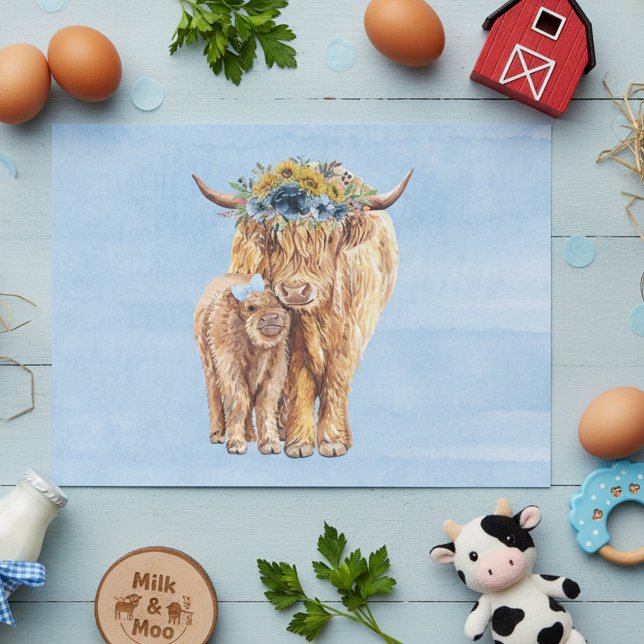 Papier Mousseline Highland Cow Scotland Blue Mama Baby Calf (Créateur téléchargé)