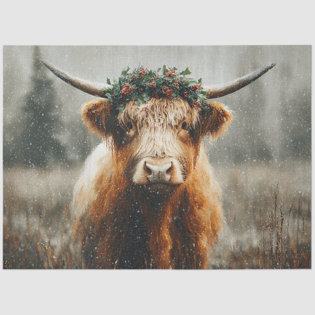 Papier Mousseline Highland Cow With Christmas Wreath Crown (Recto)