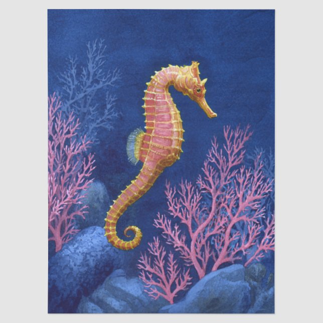 Papier Mousseline Hippocampe et corail à l'aquarelle (Recto)