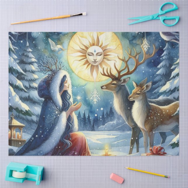 Papier Mousseline Hiver Solstice Goddess Forest-Deer papier tissu (Artisanat)