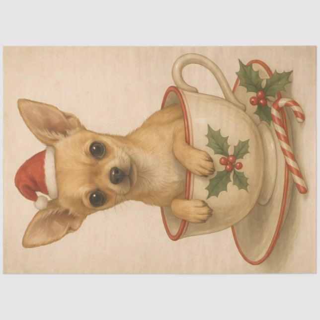 Papier Mousseline Holiday Chihuahua in Holly Teacup – Cute Christmas (Recto)