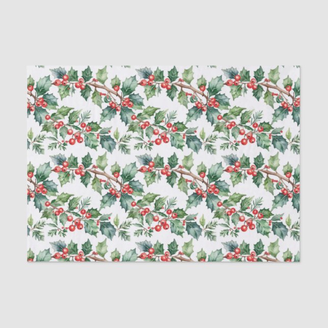 Papier Mousseline Holiday Holly with Greenery in Watercolor (Recto)