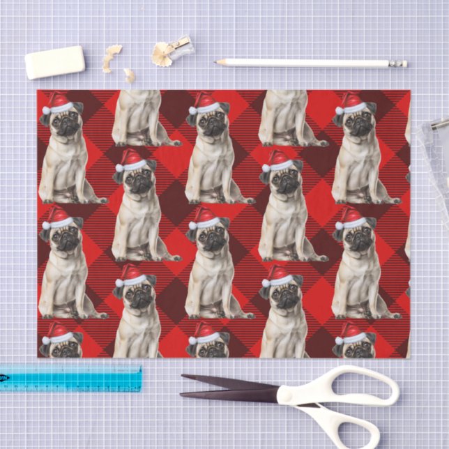 Papier Mousseline Holiday Santa Pug Dog Red Buffalo Plaid Christmas (Artisanat)