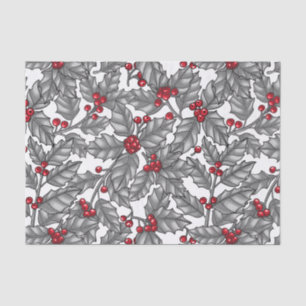 Papier Mousseline Holly berry, feuilles gris sur blanc