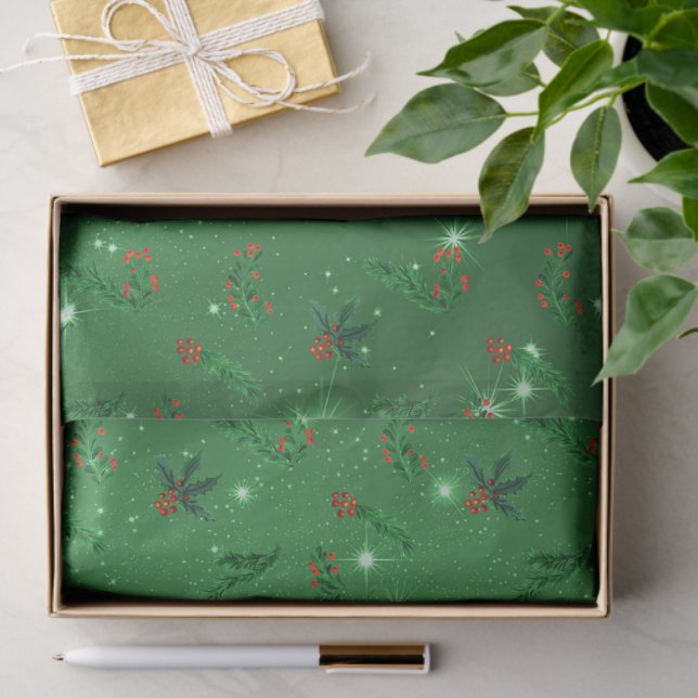Papier Mousseline Holly n Pine Green Motif de Noël (Cadeau)