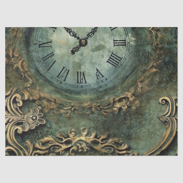 Papier Mousseline Horloge Steampunk Rustique Vert Émeraude (Recto)