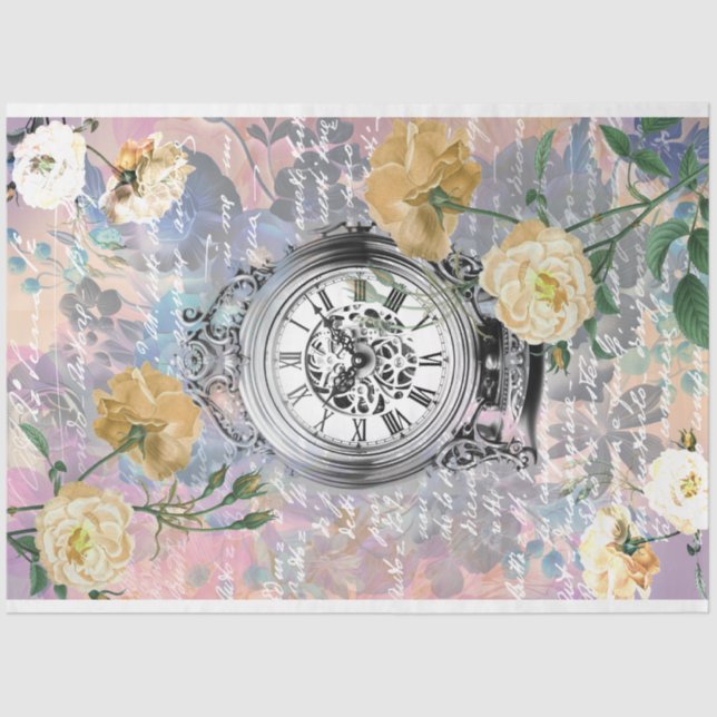 Papier Mousseline Horloge vintage et découpage Rose (Recto)