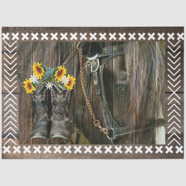 Papier Mousseline Horse Cowboy Boots Sunflowers Rustic Barque (Recto)