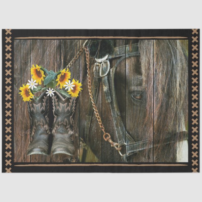 Papier Mousseline Horse Cowboy Boots Sunflowers Rustic Barque (Recto)