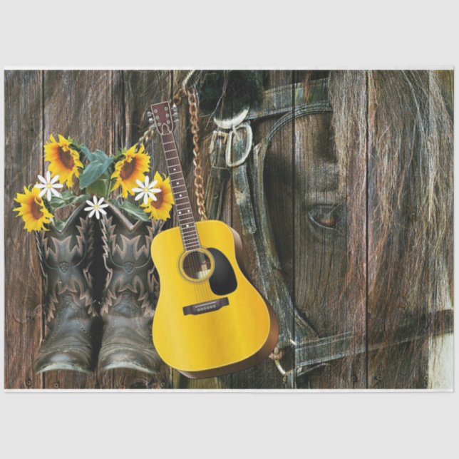 Papier Mousseline Horse Cowboy bottes Guitare Tournesols Rustiques (Recto)