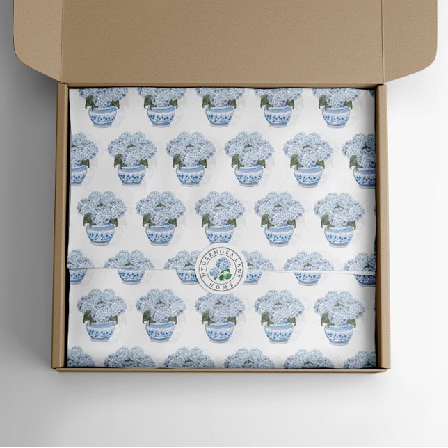 Papier Mousseline Hortensias bleus dans un pot de chinoiserie  (Chinoiserie Hydrangea Tissue Paper watercolor)