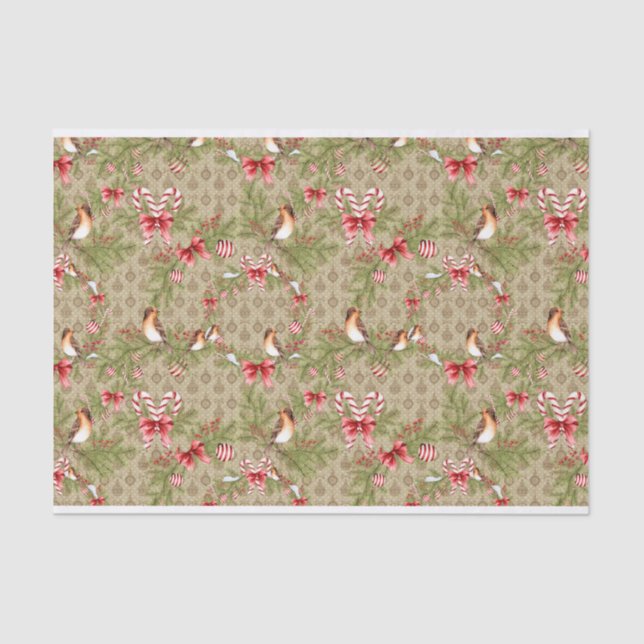 Papier Mousseline Houx de branches de pin d'oiseau de Noël (Recto)