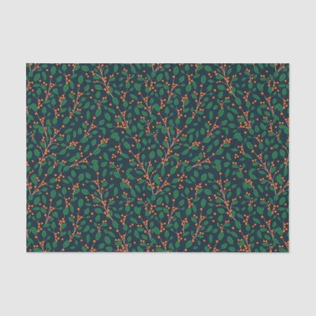Papier Mousseline Houx de Noël Botanique Verdure Navy (Recto)