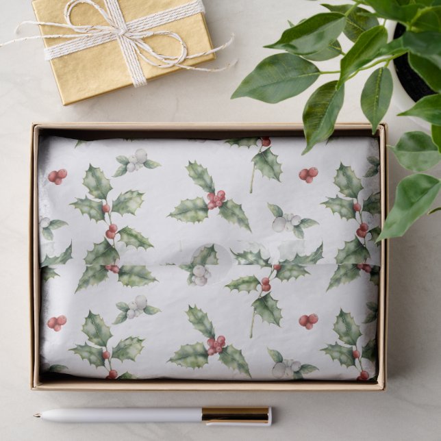 Papier Mousseline Houx de Noël et Gui (Cadeau)