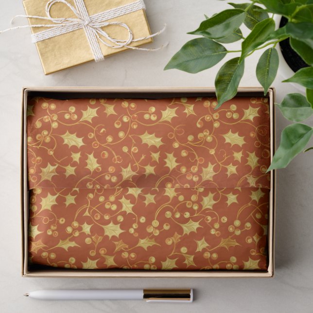 Papier Mousseline Houx doré (Cadeau)