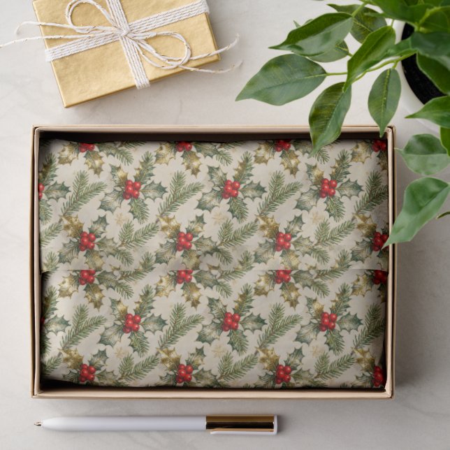 Papier Mousseline Houx et feuillus persistants (Cadeau)
