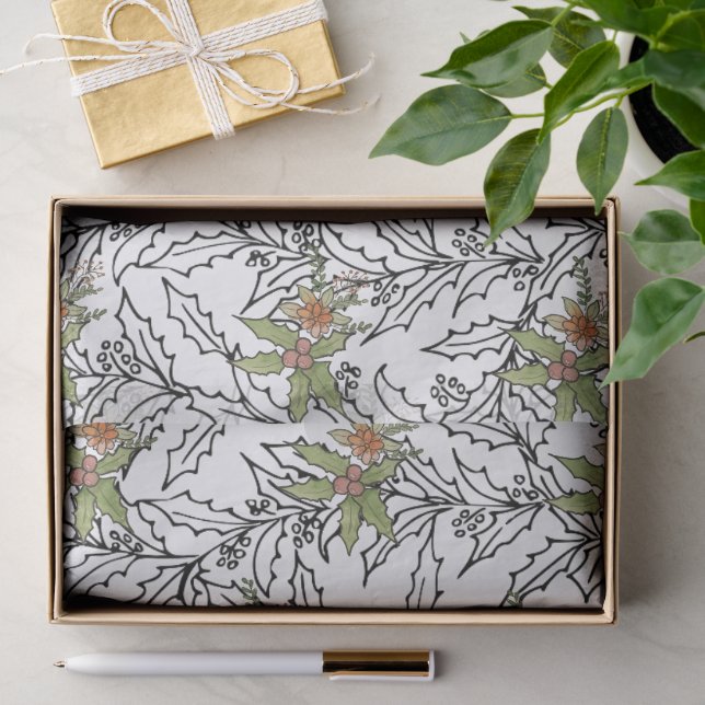 Papier Mousseline Houx Gui  (Cadeau)